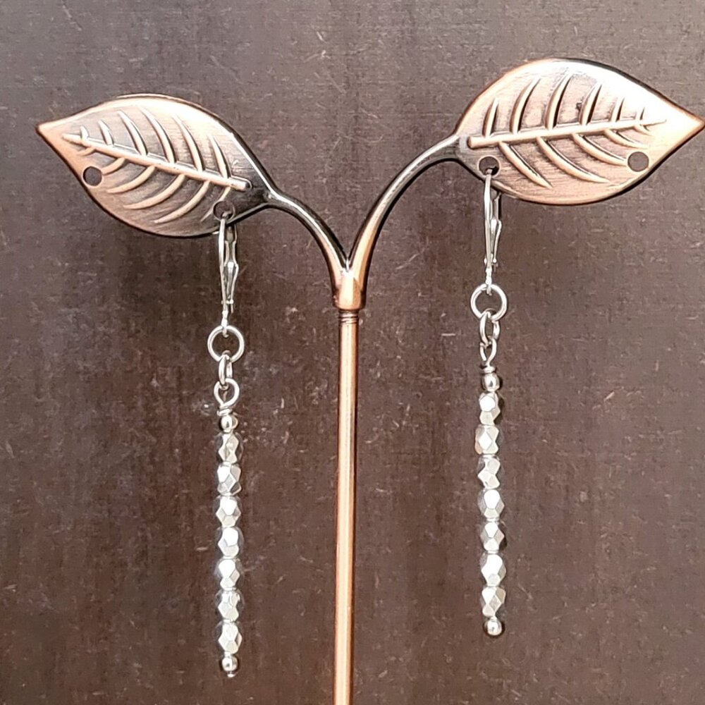 CZECH Silver Fire Polish Faceted Glass Earrings, Stainless Steel Lever Back